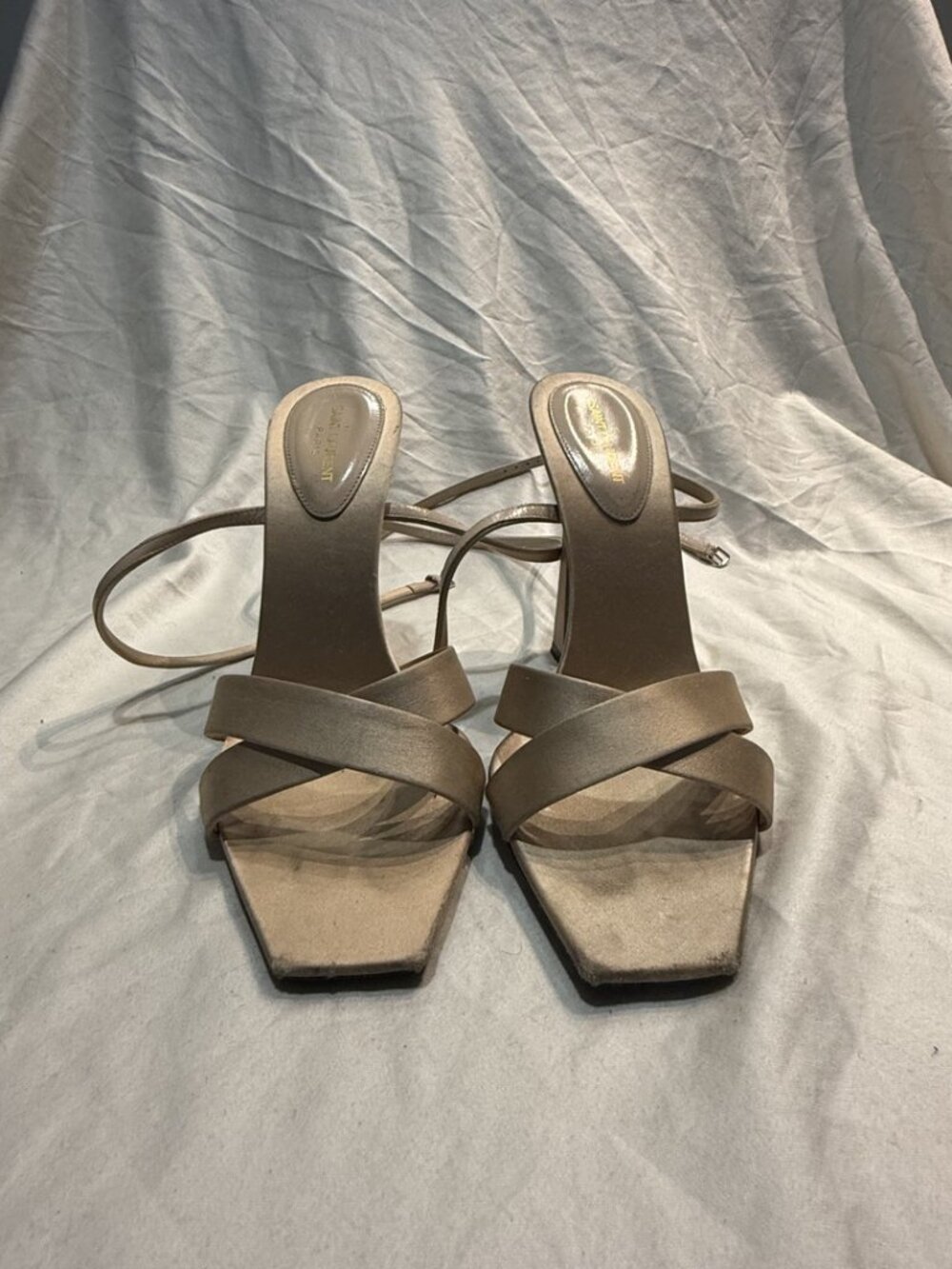Saint Laurent Lydia 110 Nude Satin Ankle Wrap Sandal Heels EU 38 US 8 - Picture 3 of 12